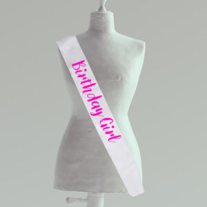 White Birthday Sash Magenta Text